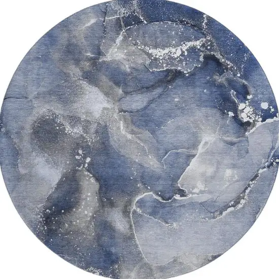 8' Navy Blue And Ivory Abstract Washable Round Rug With UV Protection Photo 3