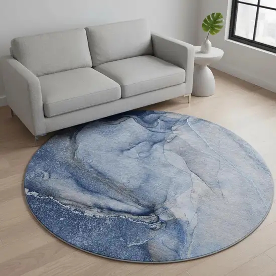 8' Navy Blue And Ivory Abstract Washable Round Rug With UV Protection Photo 2