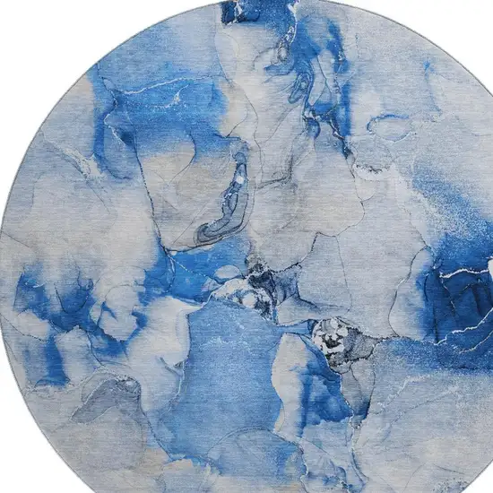 8' Navy Blue And Ivory Abstract Washable Round Rug With UV Protection Photo 4