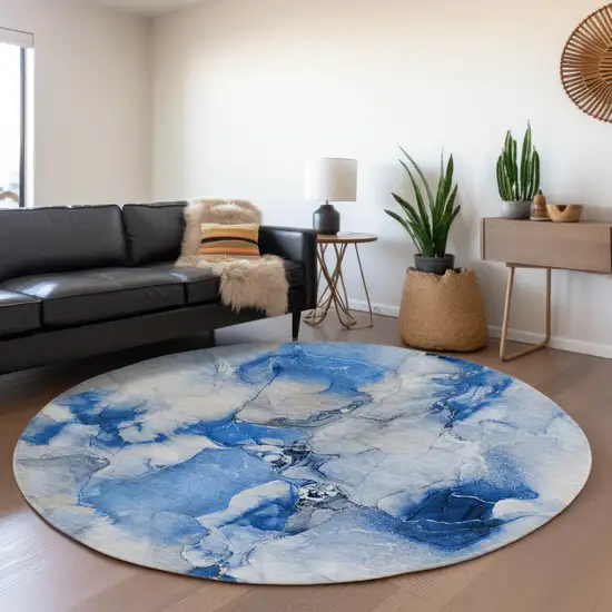 8' Navy Blue And Ivory Abstract Washable Round Rug With UV Protection Photo 5