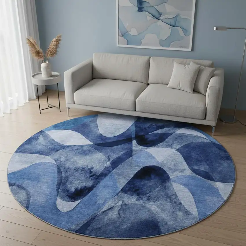 8' Navy Blue And Ivory Abstract Washable Round Rug With UV Protection Photo 2