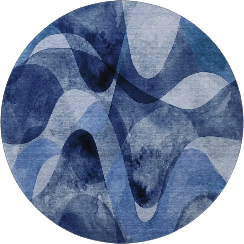 8' Navy Blue And Ivory Abstract Washable Round Rug With UV Protection Photo 4