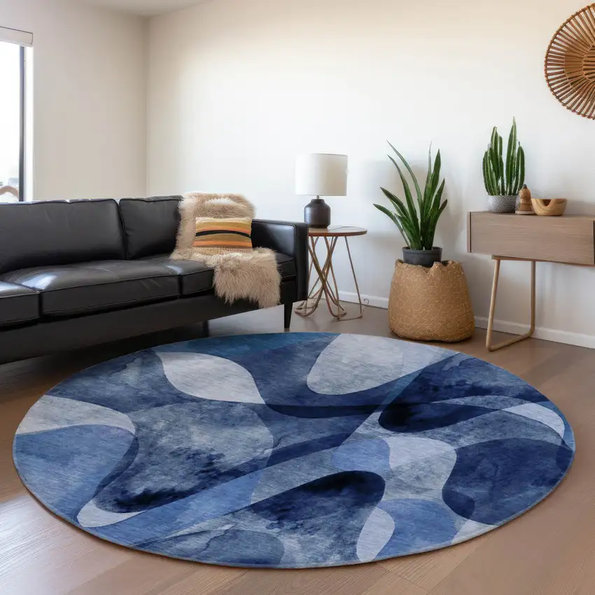 8' Navy Blue And Ivory Abstract Washable Round Rug With UV Protection Photo 5