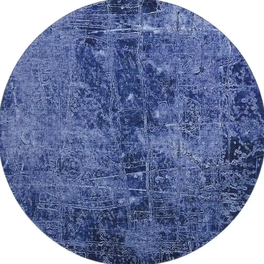 8' Navy Blue And Ivory Abstract Washable Round Rug With UV Protection Photo 3