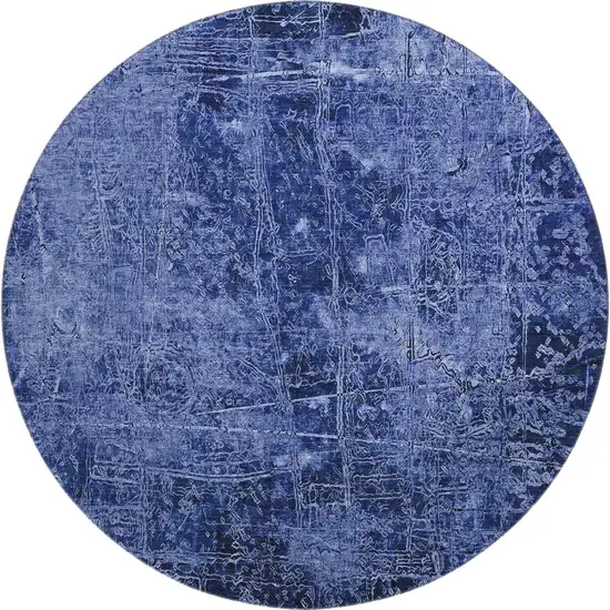 8' Navy Blue And Ivory Abstract Washable Round Rug With UV Protection Photo 1