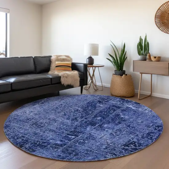 8' Navy Blue And Ivory Abstract Washable Round Rug With UV Protection Photo 5