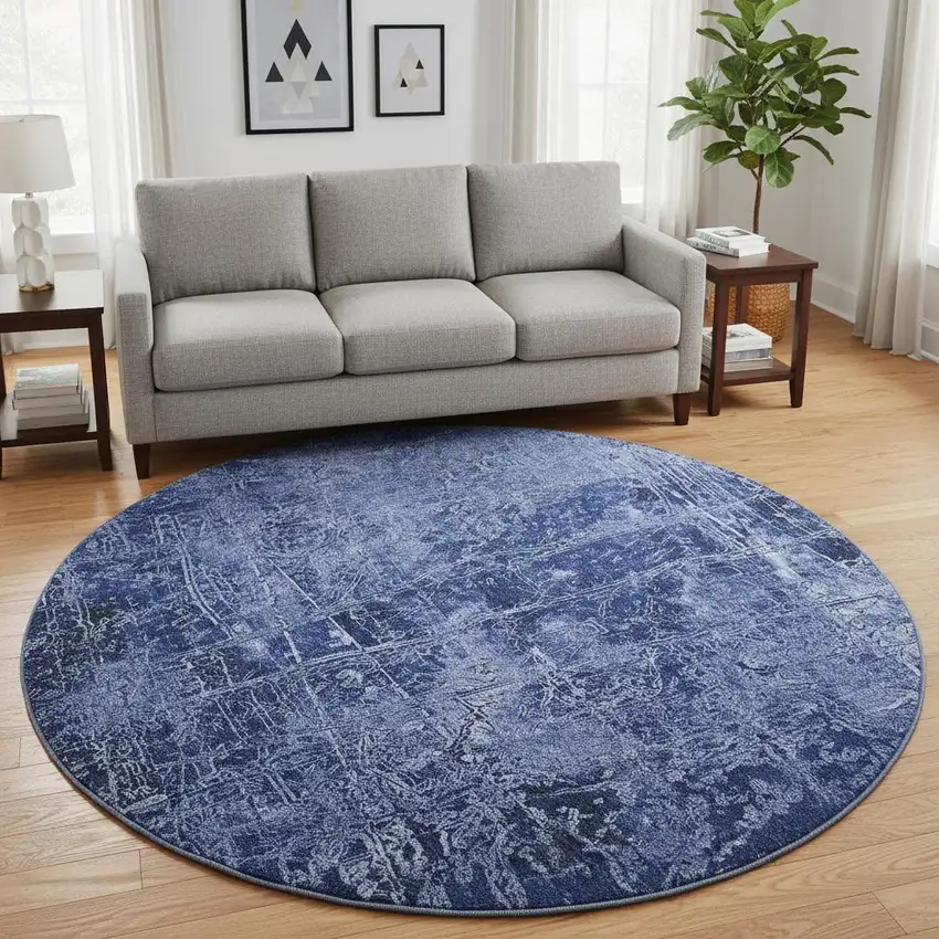 8' Navy Blue And Ivory Abstract Washable Round Rug With UV Protection Photo 2