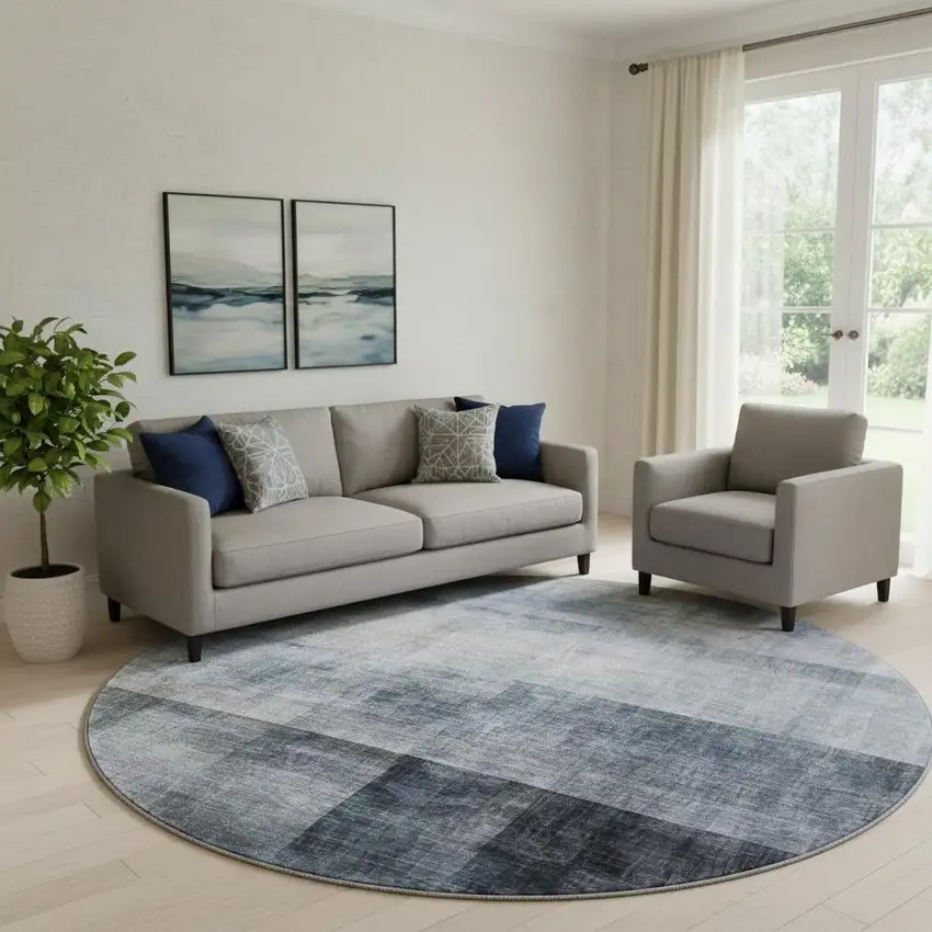 8' Navy Blue And Ivory Abstract Washable Round Rug With UV Protection Photo 1