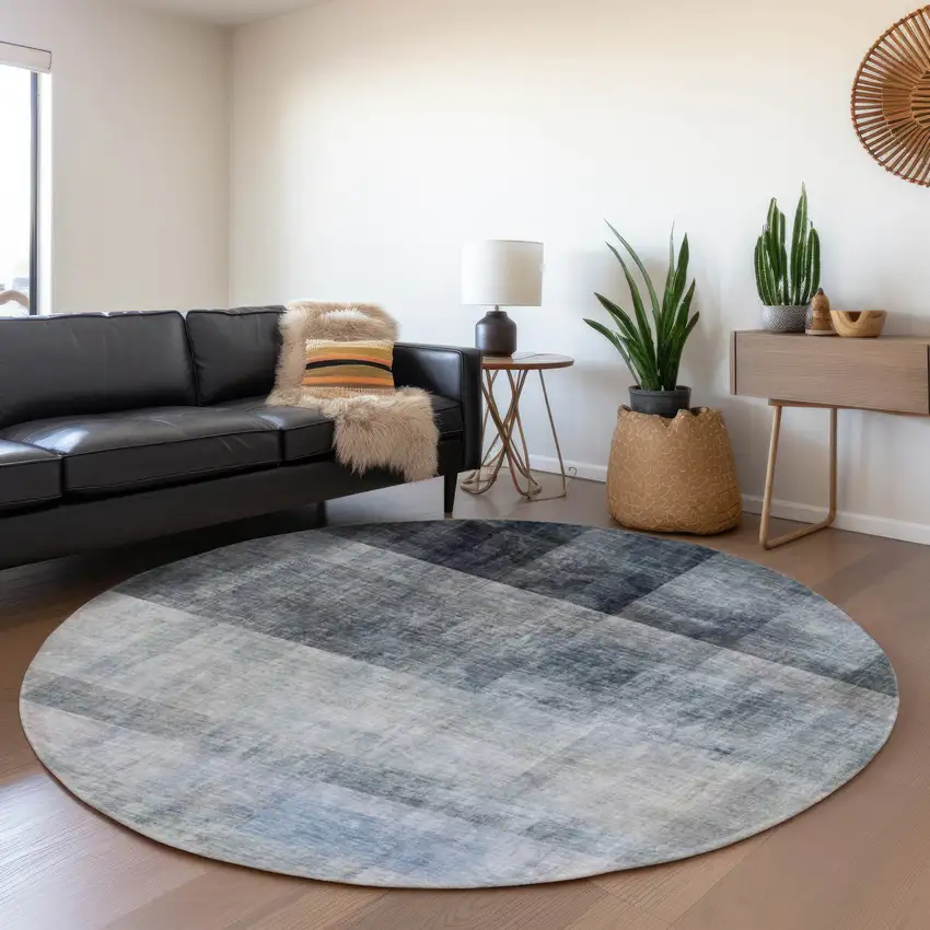 8' Navy Blue And Ivory Abstract Washable Round Rug With UV Protection Photo 5