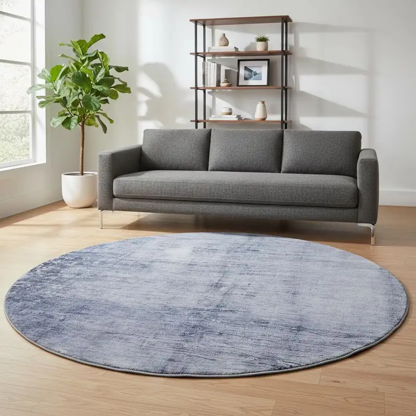 8' Navy Blue And Ivory Abstract Washable Round Rug With UV Protection Photo 2