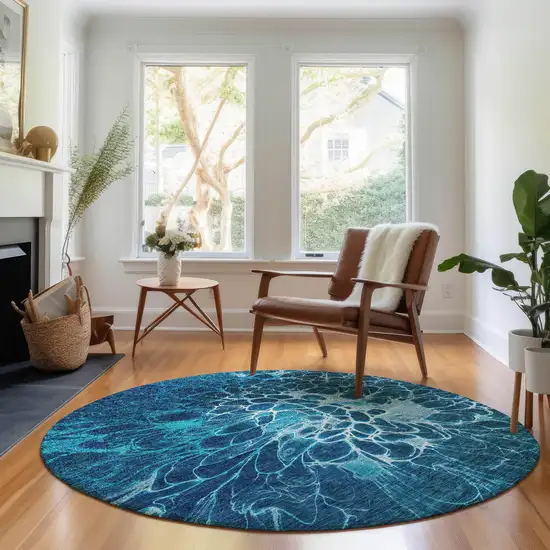8' Navy Blue And Ivory Abstract Washable Round Rug With UV Protection Photo 5