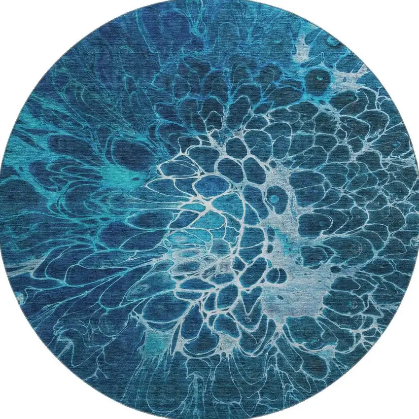 8' Navy Blue And Ivory Abstract Washable Round Rug With UV Protection Photo 3