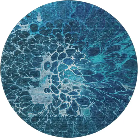 8' Navy Blue And Ivory Abstract Washable Round Rug With UV Protection Photo 4