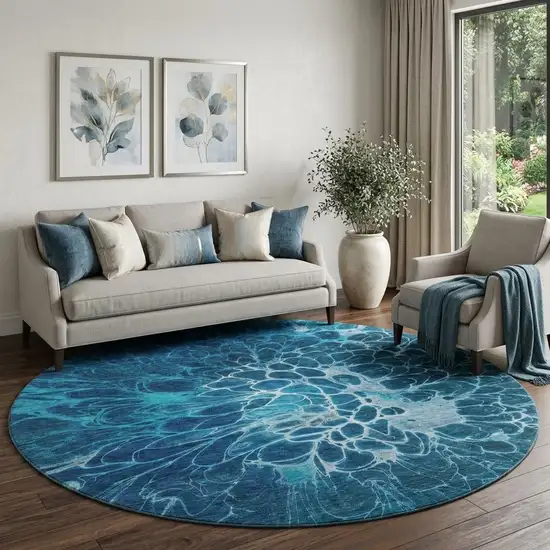 8' Navy Blue And Ivory Abstract Washable Round Rug With UV Protection Photo 1
