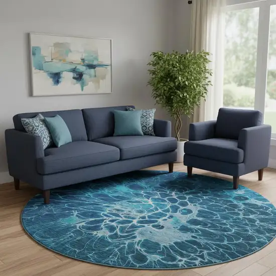 8' Navy Blue And Ivory Abstract Washable Round Rug With UV Protection Photo 1