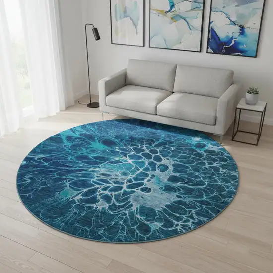 8' Navy Blue And Ivory Abstract Washable Round Rug With UV Protection Photo 2
