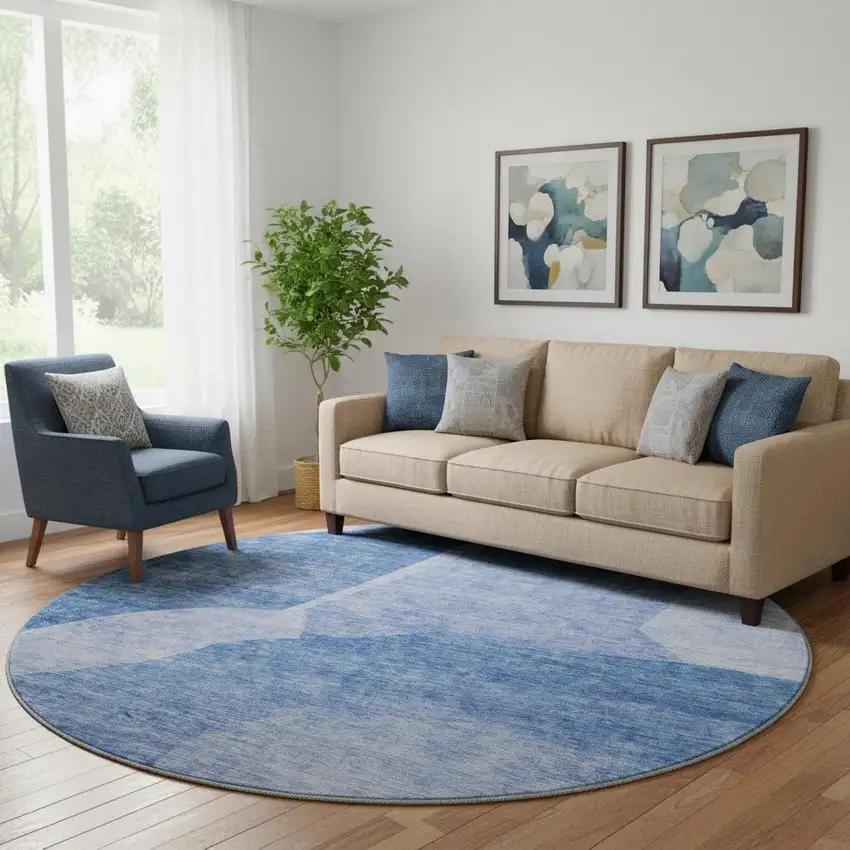 8' Navy Blue And Ivory Abstract Washable Round Rug With UV Protection Photo 1