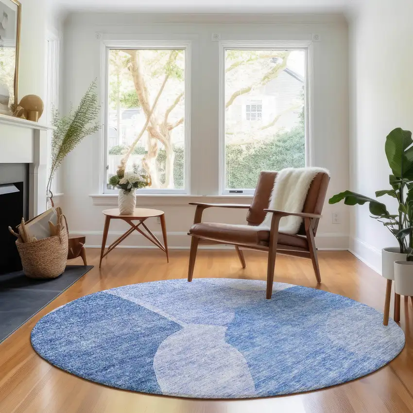 8' Navy Blue And Ivory Abstract Washable Round Rug With UV Protection Photo 4