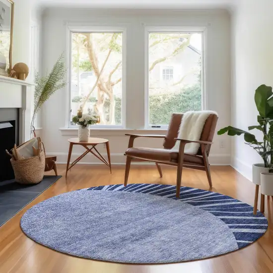 8' Navy Blue And Ivory Abstract Washable Round Rug With UV Protection Photo 5