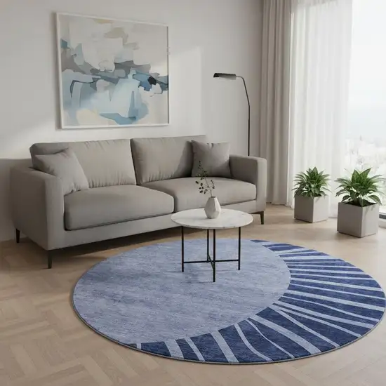 8' Navy Blue And Ivory Abstract Washable Round Rug With UV Protection Photo 2