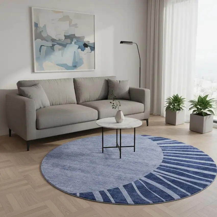 8' Navy Blue And Ivory Abstract Washable Round Rug With UV Protection Photo 2