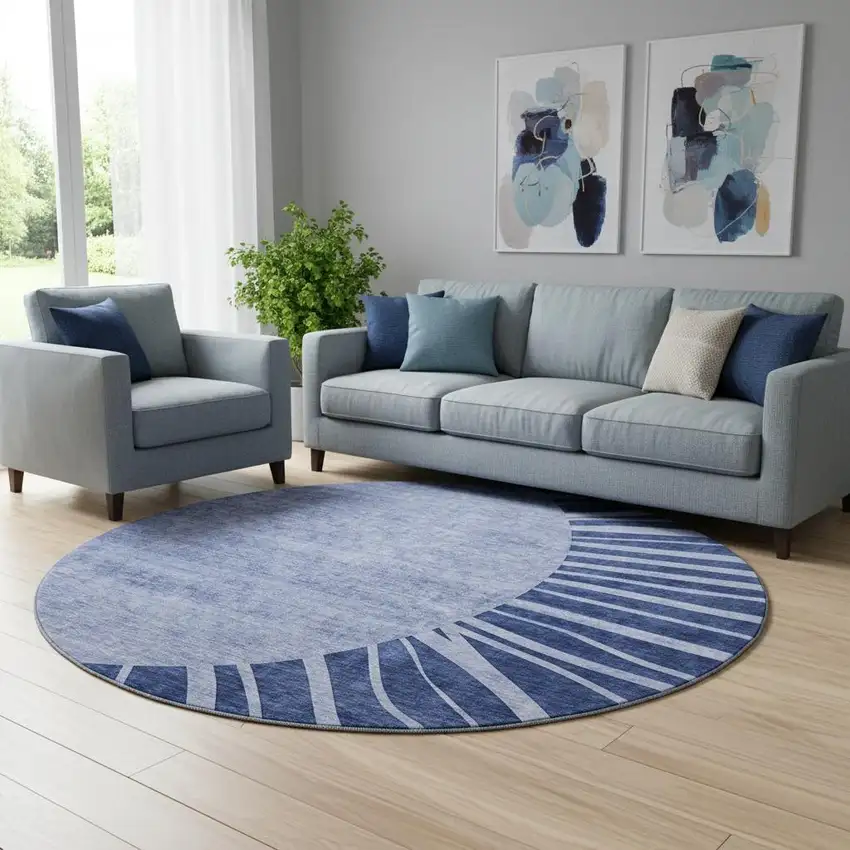 8' Navy Blue And Ivory Abstract Washable Round Rug With UV Protection Photo 1