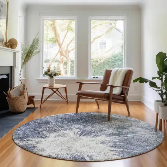 8' Navy Blue And Ivory Abstract Washable Round Rug With UV Protection Photo 4