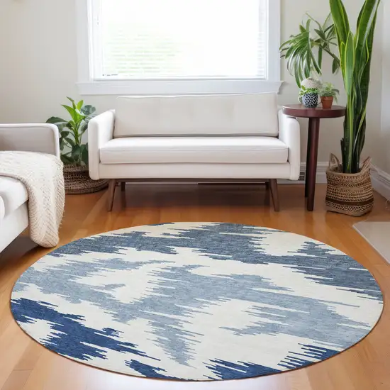 8' Navy Blue And Ivory Abstract Washable Round Rug With UV Protection Photo 5