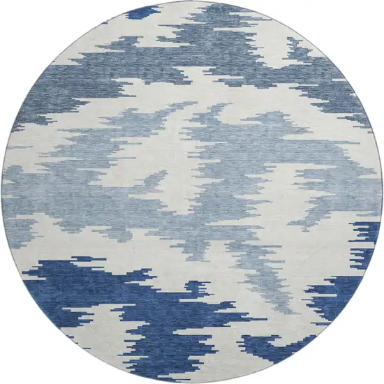 8' Navy Blue And Ivory Abstract Washable Round Rug With UV Protection Photo 1