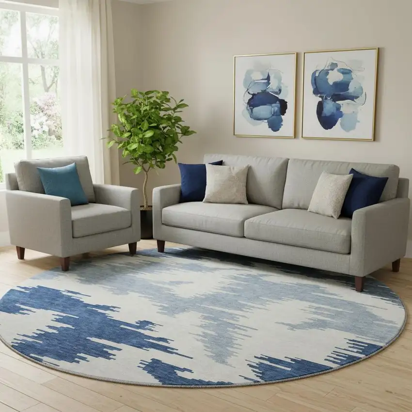 8' Navy Blue And Ivory Abstract Washable Round Rug With UV Protection Photo 1