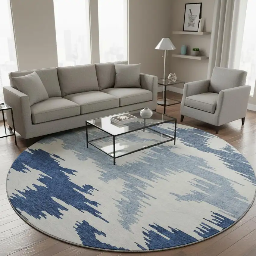 8' Navy Blue And Ivory Abstract Washable Round Rug With UV Protection Photo 2