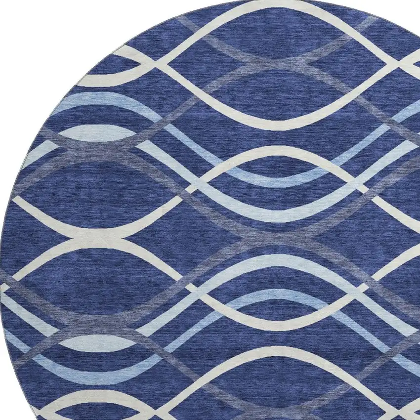 8' Navy Blue And Ivory Abstract Washable Round Rug With UV Protection Photo 3