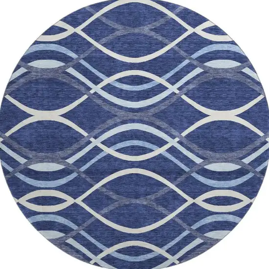 8' Navy Blue And Ivory Abstract Washable Round Rug With UV Protection Photo 4