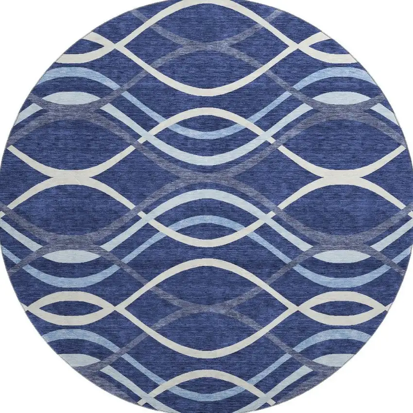 8' Navy Blue And Ivory Abstract Washable Round Rug With UV Protection Photo 4