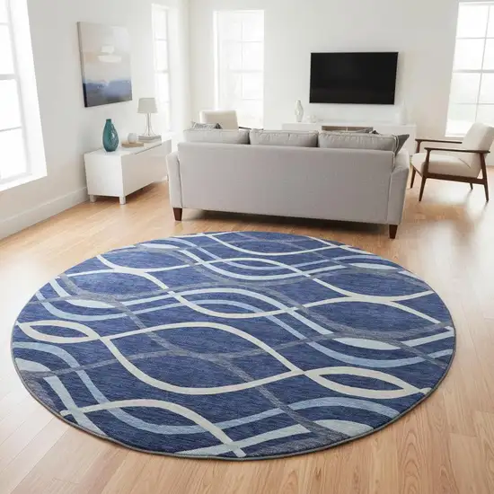 8' Navy Blue And Ivory Abstract Washable Round Rug With UV Protection Photo 2