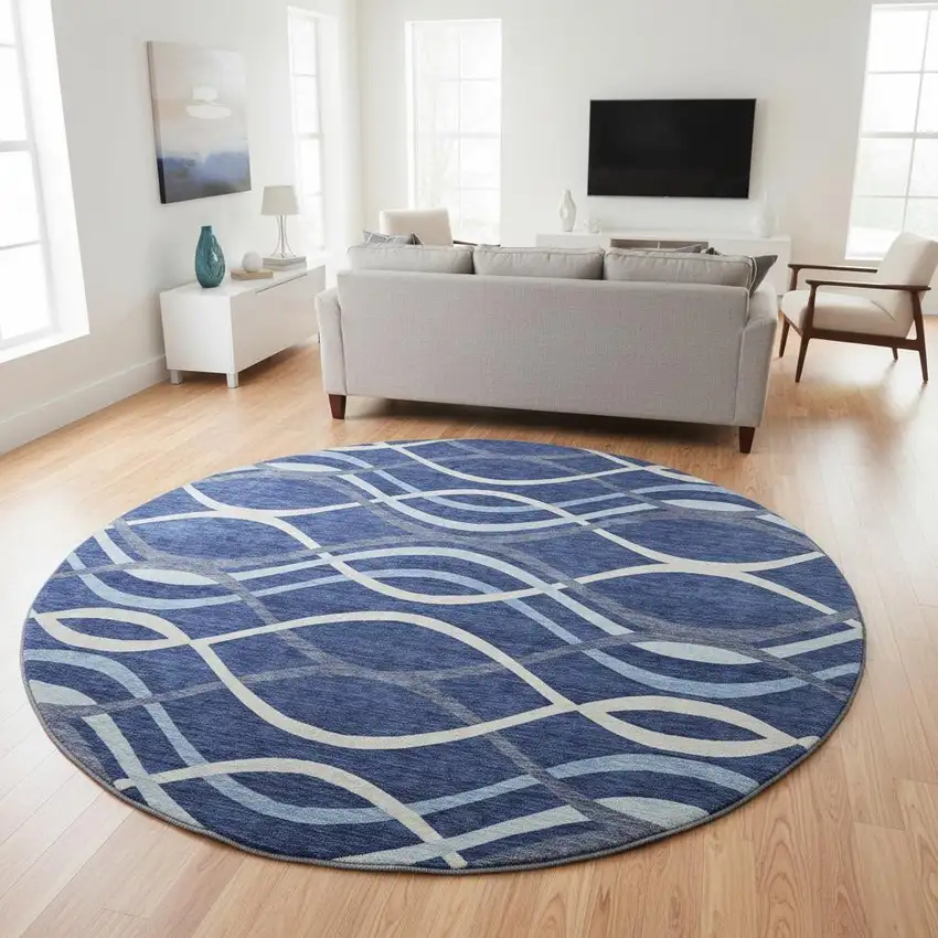 8' Navy Blue And Ivory Abstract Washable Round Rug With UV Protection Photo 2