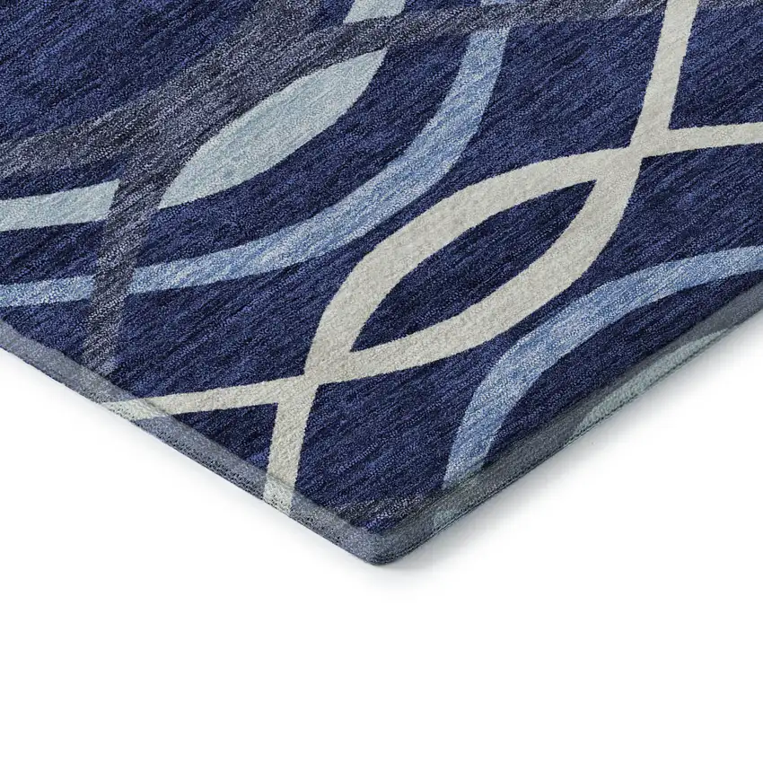 8' Navy Blue And Ivory Abstract Washable Round Rug With UV Protection Photo 7