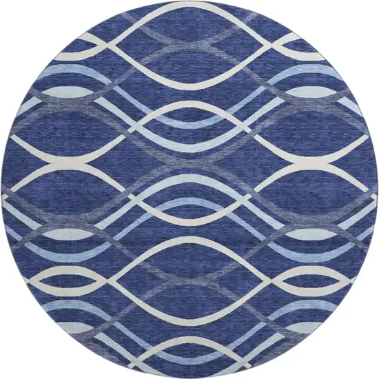 8' Navy Blue And Ivory Abstract Washable Round Rug With UV Protection Photo 1