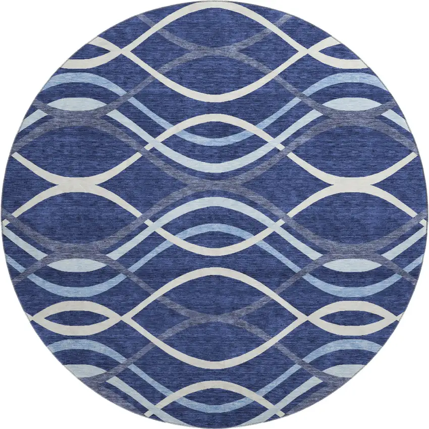 8' Navy Blue And Ivory Abstract Washable Round Rug With UV Protection Photo 1