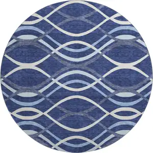 Photo of 8' Navy Blue And Ivory Abstract Washable Round Rug With UV Protection