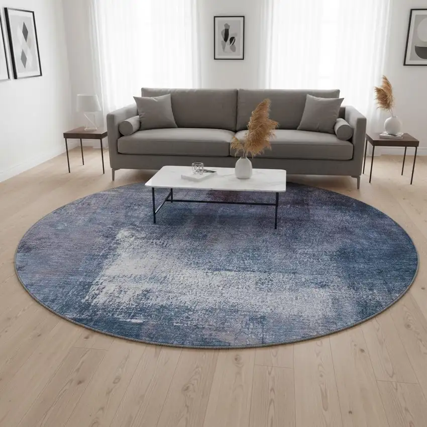 8' Navy Blue And Ivory Abstract Washable Round Rug With UV Protection Photo 2