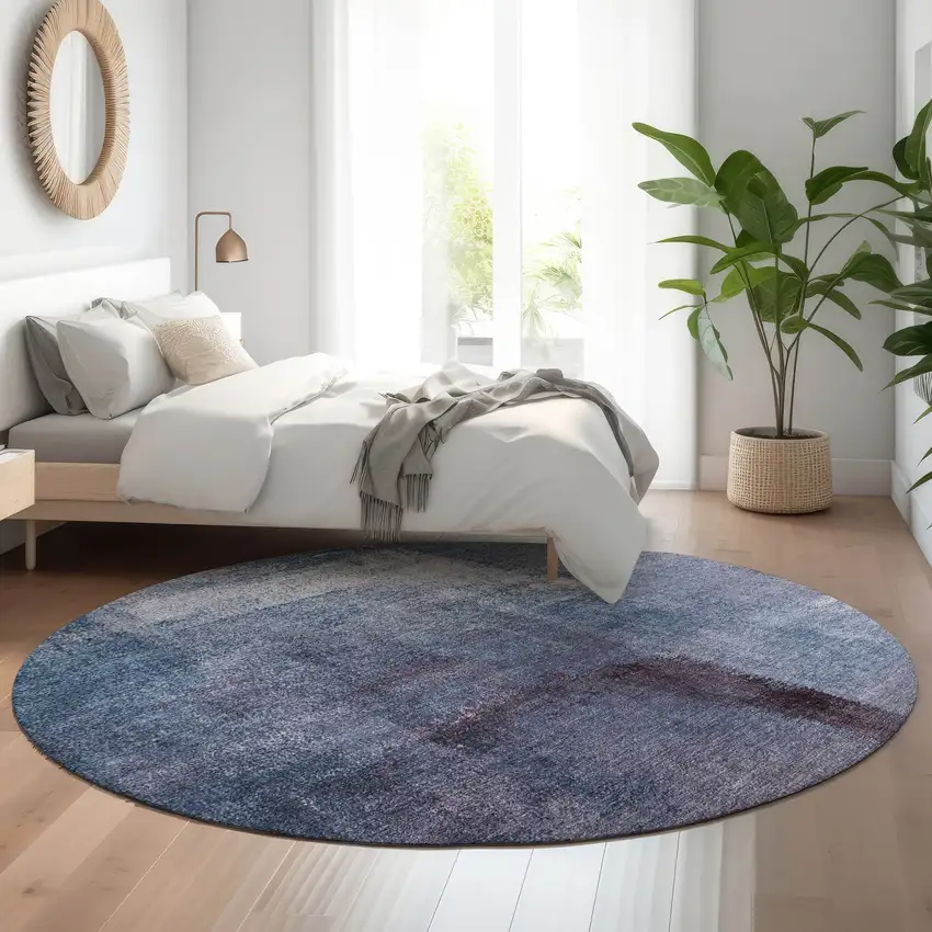 8' Navy Blue And Ivory Abstract Washable Round Rug With UV Protection Photo 5