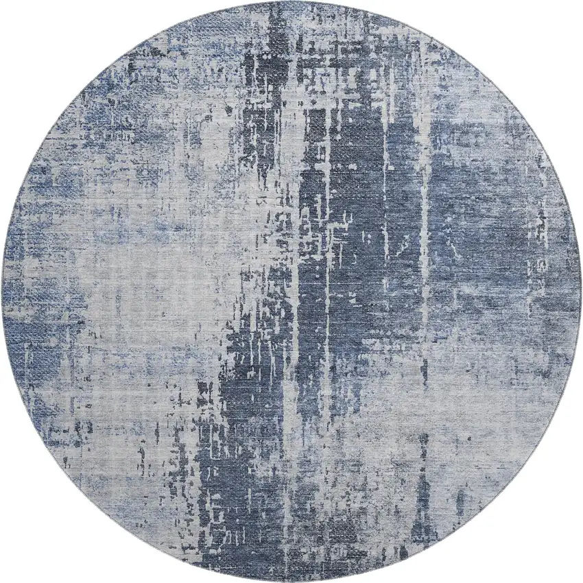8' Navy Blue And Ivory Abstract Washable Round Rug With UV Protection Photo 1