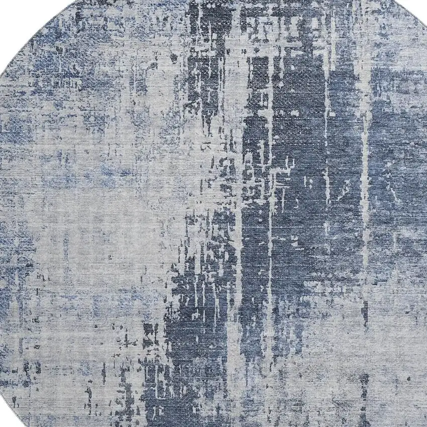 8' Navy Blue And Ivory Abstract Washable Round Rug With UV Protection Photo 3