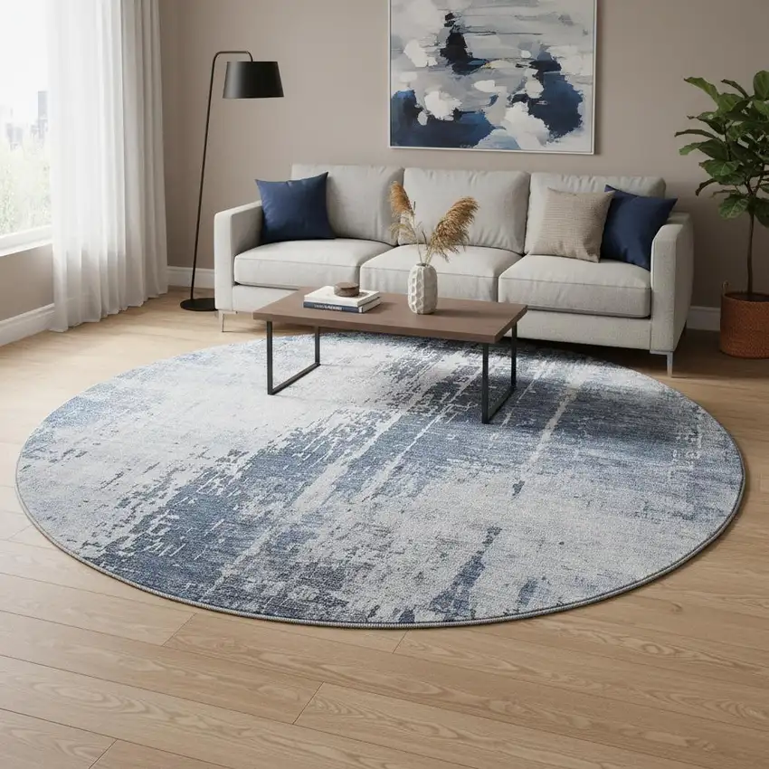 8' Navy Blue And Ivory Abstract Washable Round Rug With UV Protection Photo 2