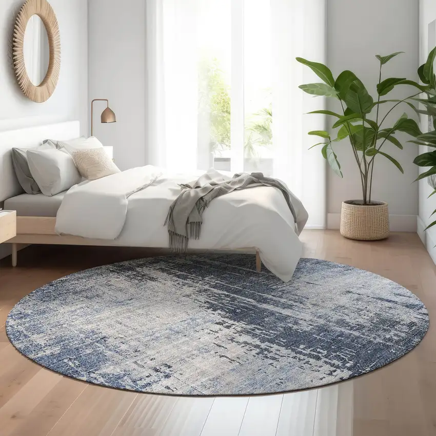 8' Navy Blue And Ivory Abstract Washable Round Rug With UV Protection Photo 5