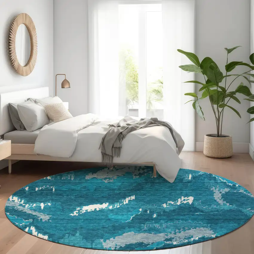 8' Navy Blue And Ivory Abstract Washable Round Rug With UV Protection Photo 6