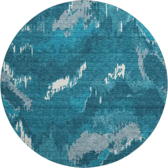 8' Navy Blue And Ivory Abstract Washable Round Rug With UV Protection Photo 2