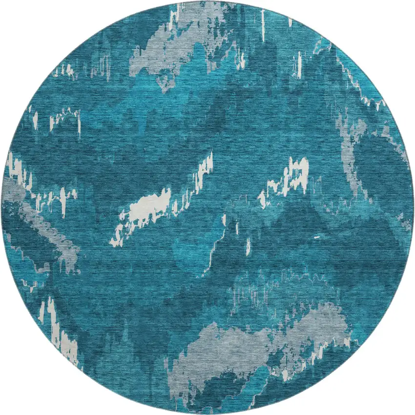 8' Navy Blue And Ivory Abstract Washable Round Rug With UV Protection Photo 2