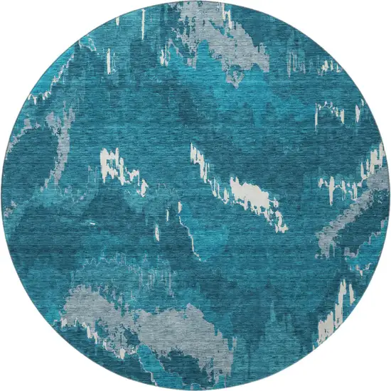 8' Navy Blue And Ivory Abstract Washable Round Rug With UV Protection Photo 5